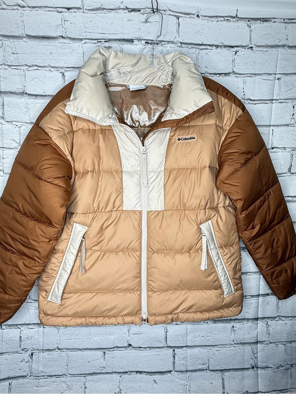 Columbia Women Pike Lake Puffer Jacket Size M Brown Colorblock Omniheat Gorpcore